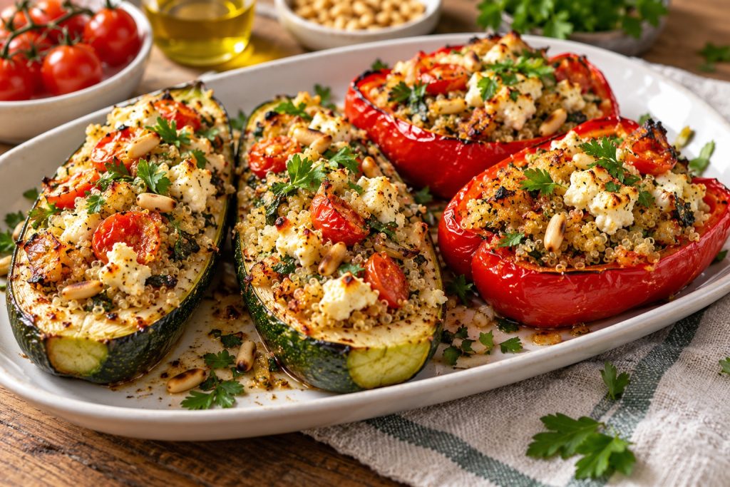 Travessa com curgetes e pimentos recheados com quinoa, feta, tomate cherry e ervas.