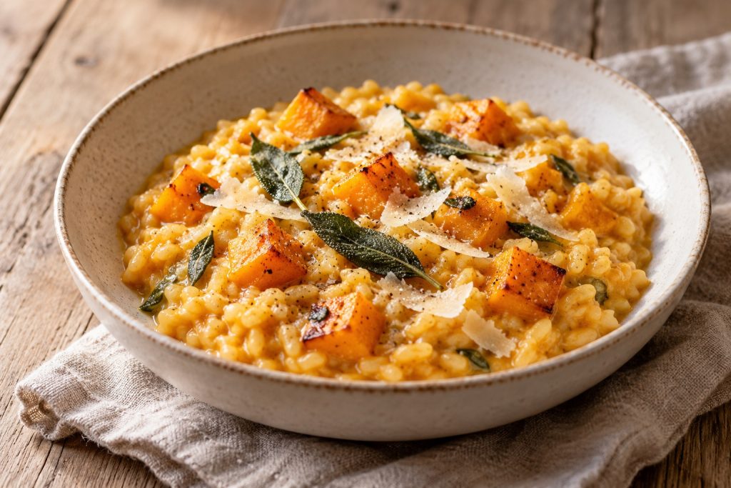 Risotto cremoso de abóbora assada com folhas de salva e lascas de parmesão numa taça