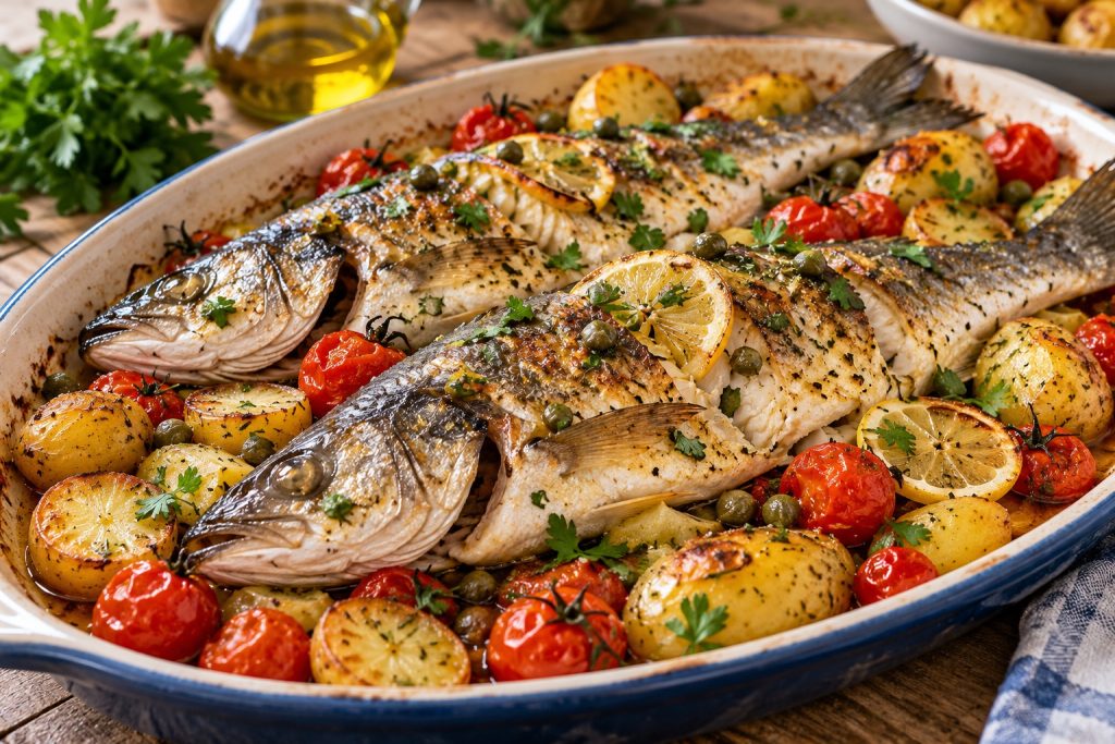 Robalo assado no forno com tomate cherry, alcaparras, limao e batata nova.